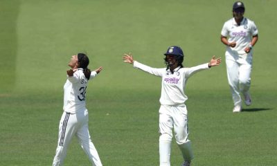 India’s Sneh Rana celebrates removing Sophie Ecclestone to complete a 270-run win for India over England
