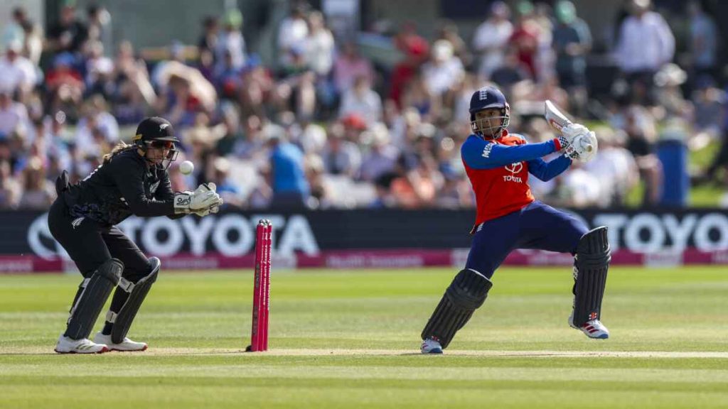 Sophia Dunkley hits out against New Zealand.