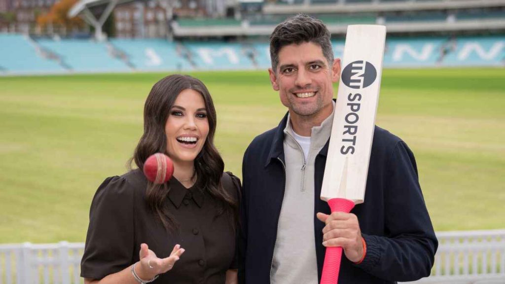 Alastair Cook (right) and presenter Becky Ives