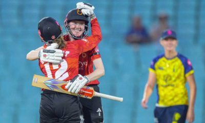 Tammy Beaumont (left) and Sarah Bryce celebrate victory over Durham