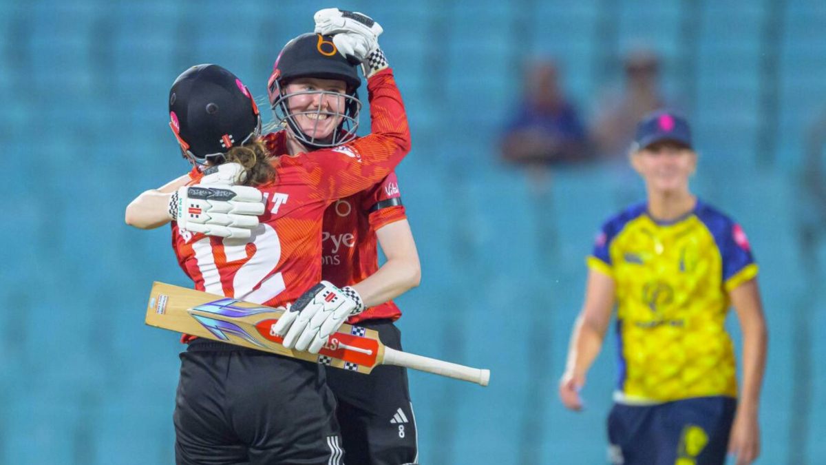 Tammy Beaumont (left) and Sarah Bryce celebrate victory over Durham
