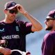 Tim Southee, left, chats to Brendon McCullum, right