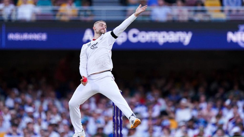 Will Jacks bowls for England in Brisbane.