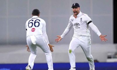 England’s Will Jacks, right, celebrates with Joe Root after catching out Steve Smith