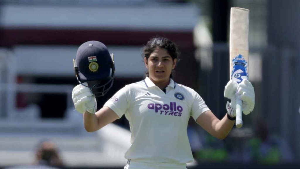 India’s Yastika Bhatia celebrates after reaching her hundred on day three of the first Women’s Rothesay Test at Lord’s