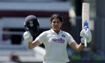 India’s Yastika Bhatia celebrates after reaching her hundred on day three of the first Women’s Rothesay Test at Lord’s