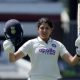 India’s Yastika Bhatia celebrates after reaching her hundred on day three of the first Women’s Rothesay Test at Lord’s