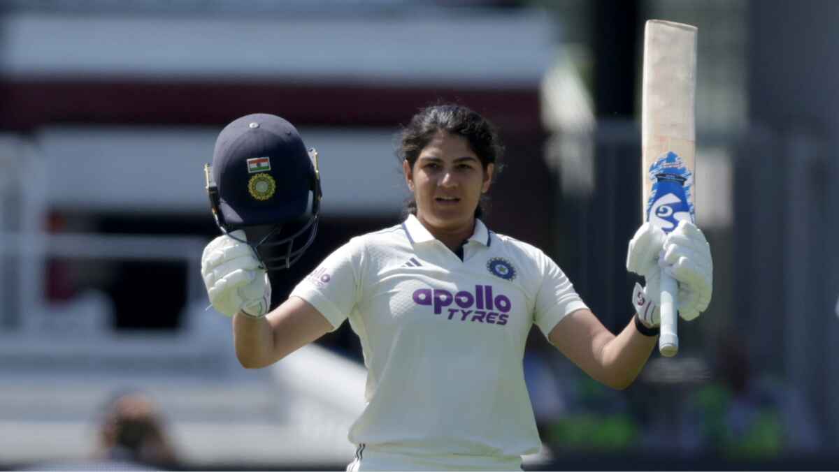 India’s Yastika Bhatia celebrates after reaching her hundred on day three of the first Women’s Rothesay Test at Lord’s
