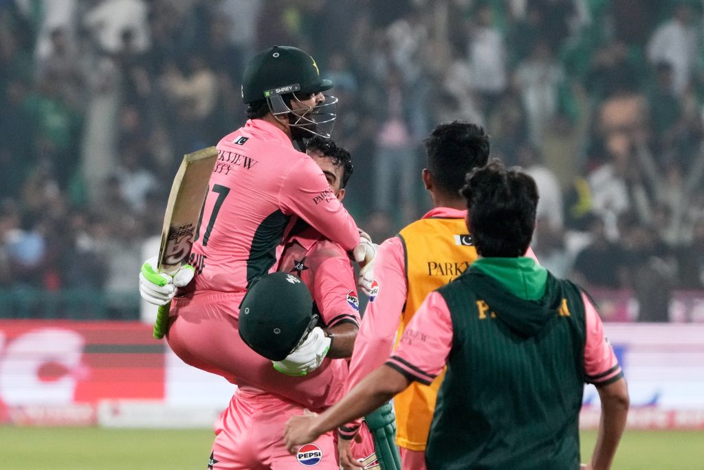 Shadab Khan and Haris Rauf celebrate Pakistan’s triumph.