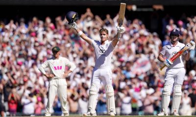 England batter Jacob Bethell celebrates reaching his century