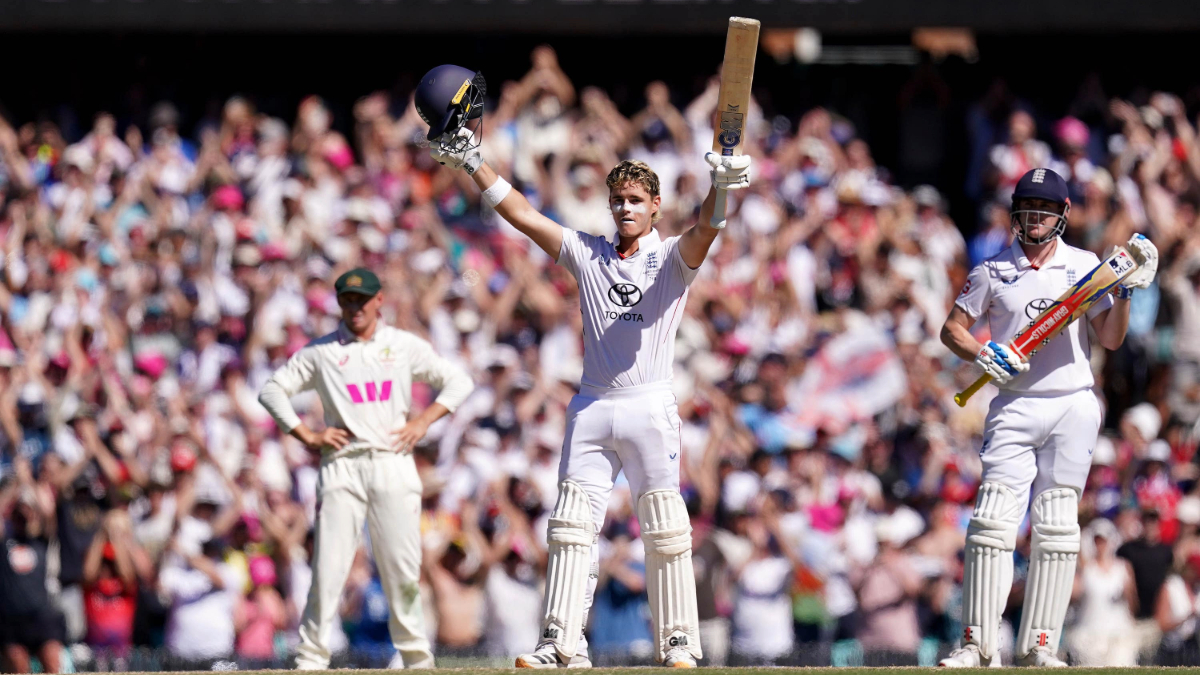 England batter Jacob Bethell celebrates reaching his century