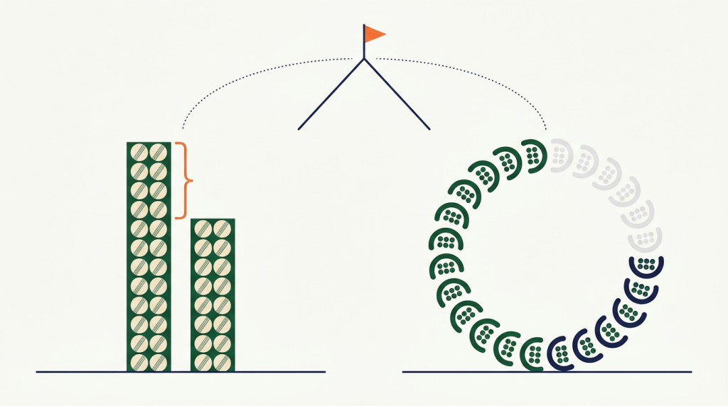 Illustration: batting first, the target is a gap in runs; chasing, it is a number of balls left unused.