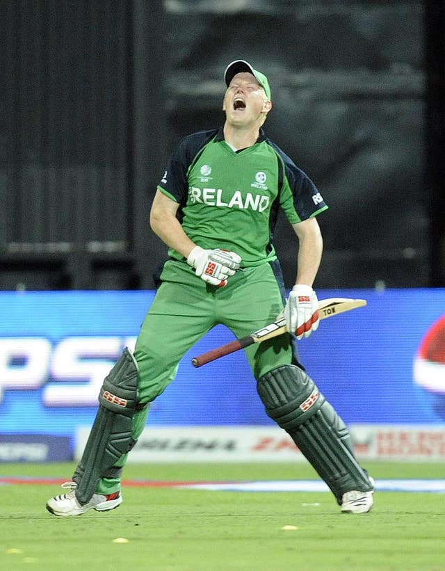 Kevin O’Brien celebrates his century against England at the 2011 World Cup